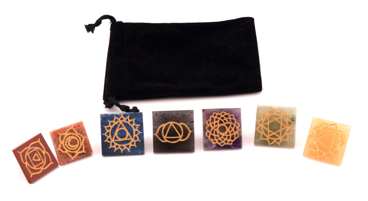 Seven Chakra Pyramid Set with Symbols – Healing Crystals India