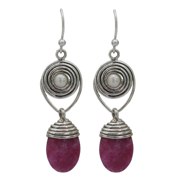 Pink Ruby With Pearl 925 Silver Earring - Healing Crystals India