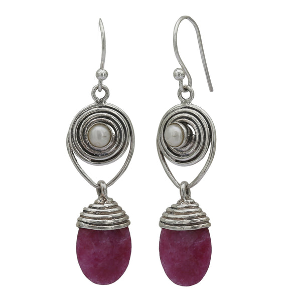 Pink Ruby With Pearl 925 Silver Earring - Healing Crystals India