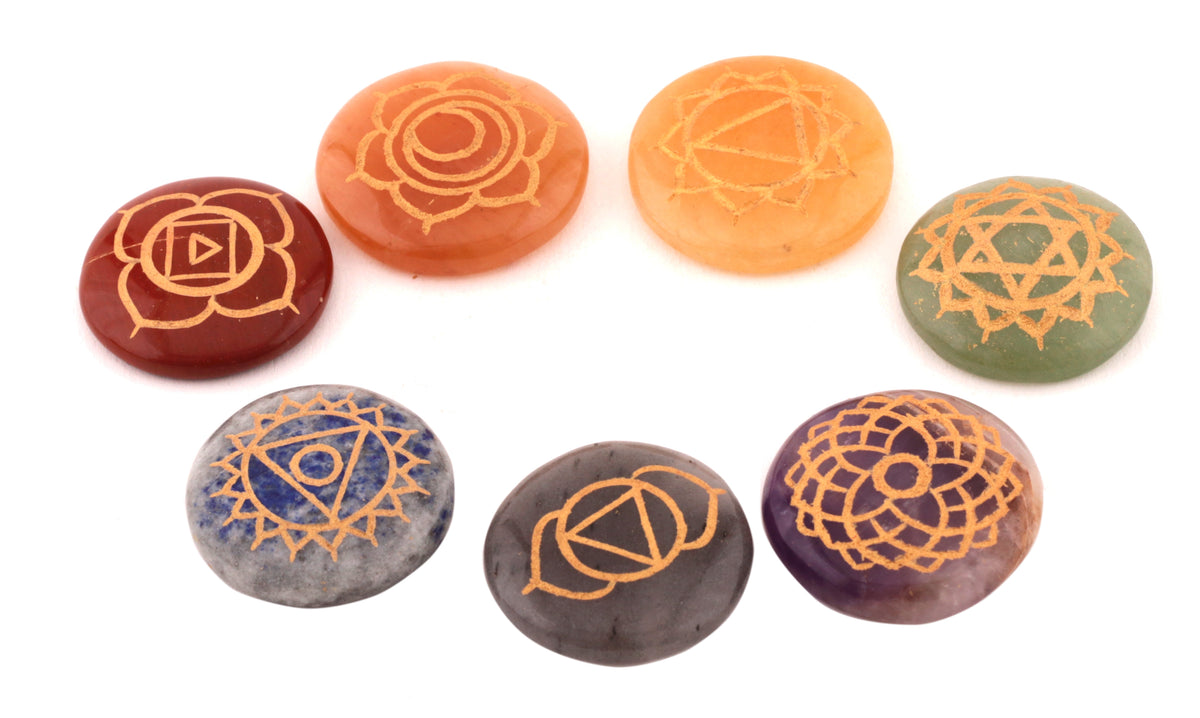 Seven Chakra Round Stones with Symbol – Healing Crystals India