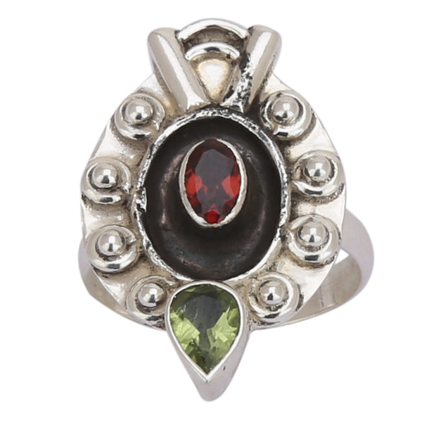 Green Emerald with Garnet Oxidized 925 Silver Ring - Healing Crystals India